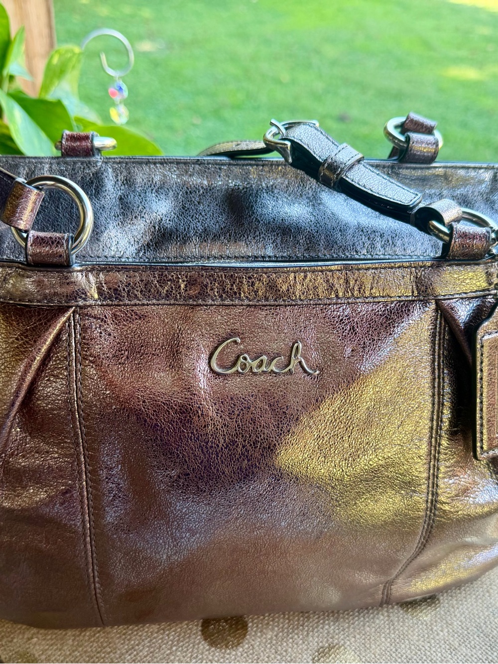 Coach Madison Metallic Bronze Leather Tote Shoulder Bag Gunmetal Full Grain